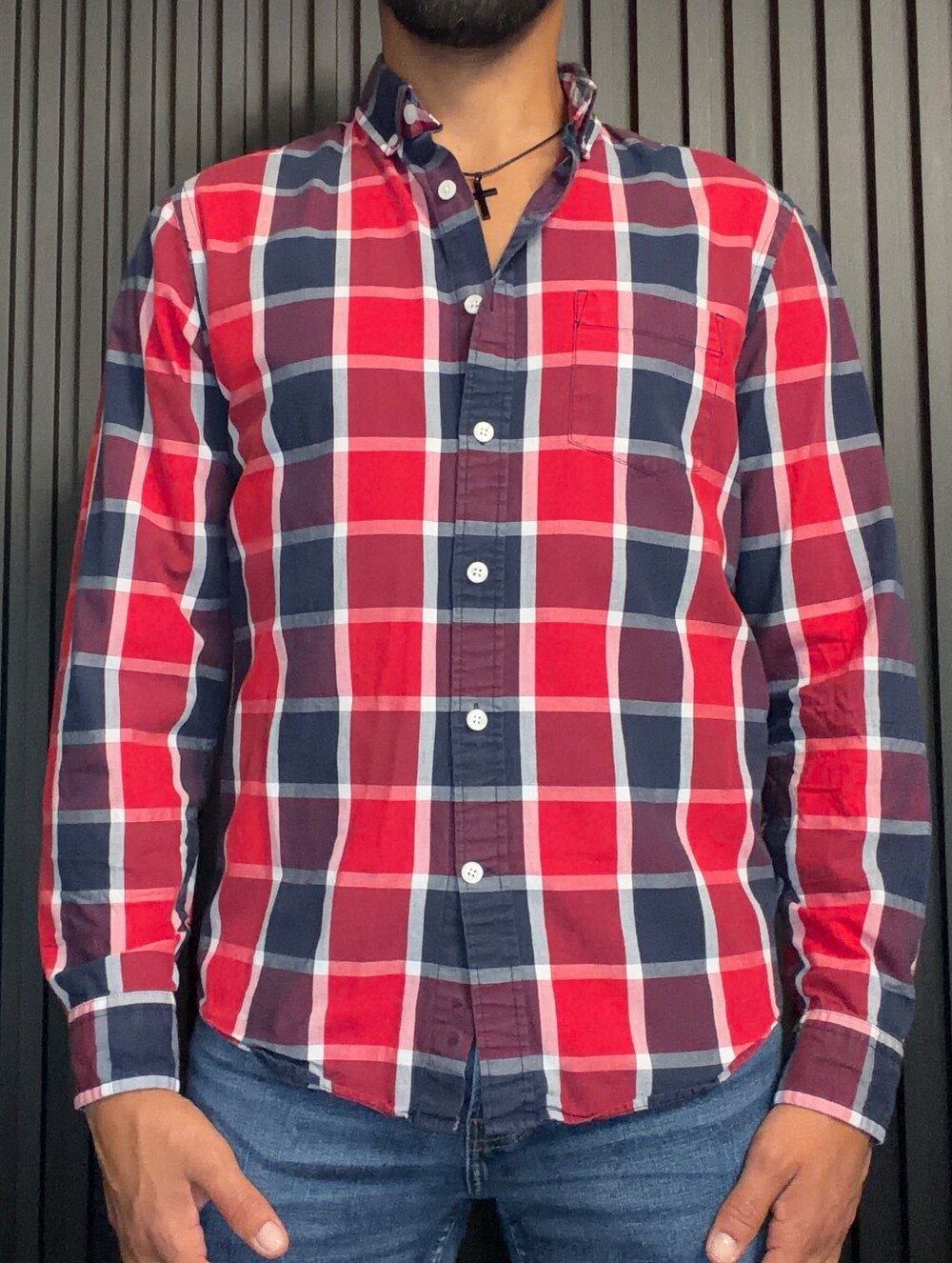 Used Express Red & Navy Plaid Button-Down Shirt (Size S)